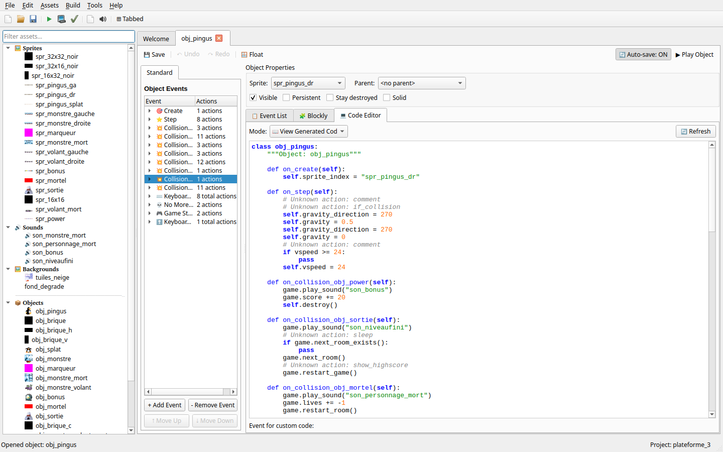 El Editor de Código en modo "Ver Código Generado": una clase con un método por evento (on_create, on_step, on_collision_obj_power, ...), mostrando el Python real al que compilan tus eventos y acciones visuales