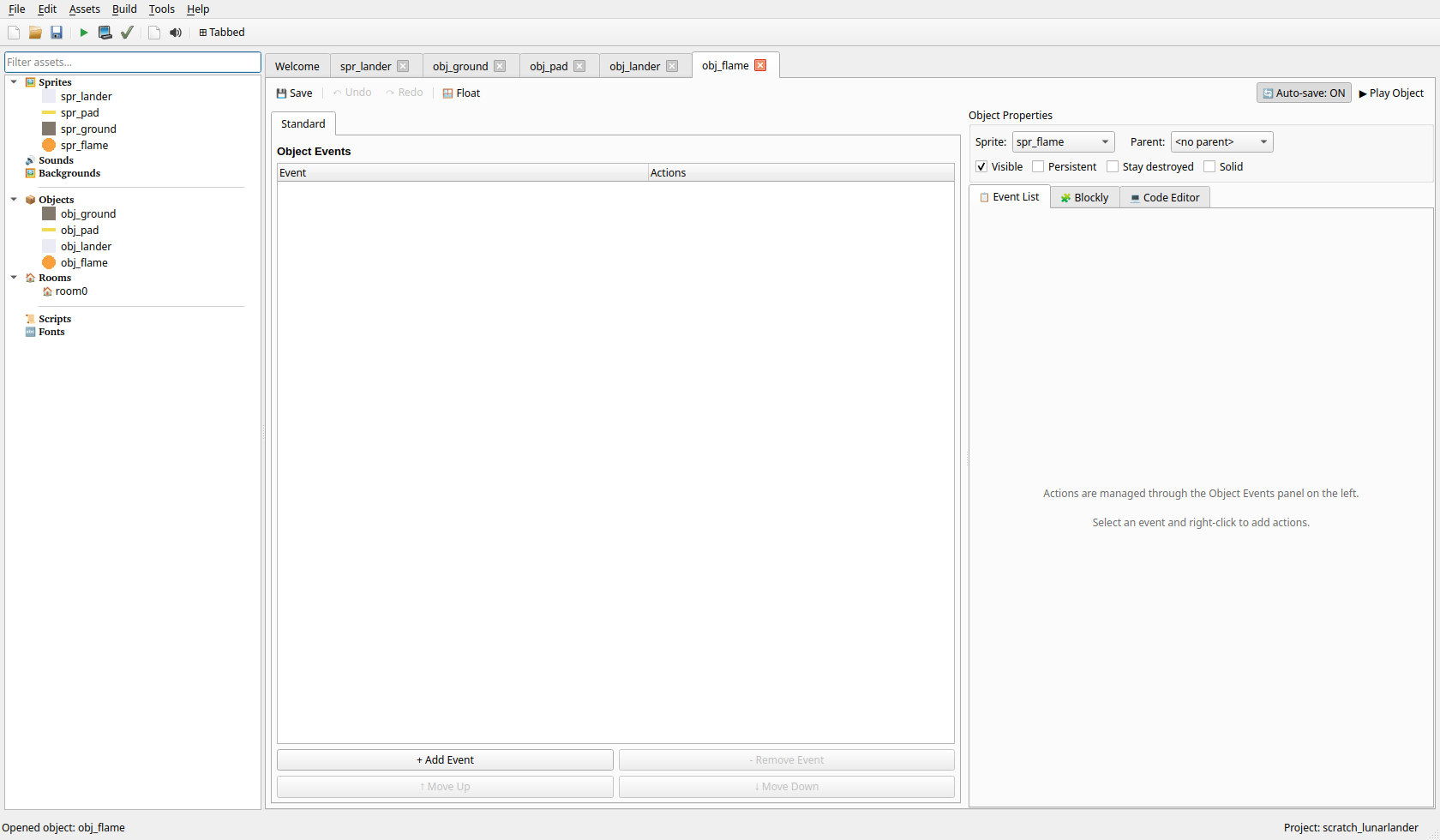 obj_flame's Object Events panel: empty -- it just needs the spr_flame sprite